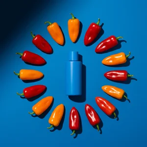 Spicy blue bottle flat lay