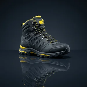 Rugged hiking boot on reflective surface