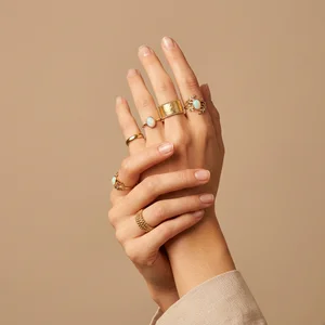 Elegant gold rings on clasped hands