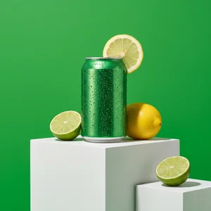 Fresh citrus soda can on podiums