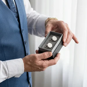 Groom opening cufflink gift box