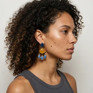 Statement earring on curly-haired model