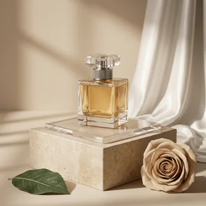 Elegant perfume on marble and satin