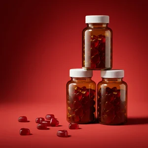 Heart gummy vitamin bottles on red