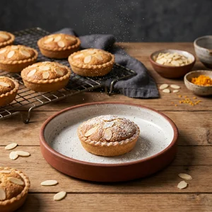 Fresh-baked almond tarts with dusting sugar
