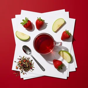 Fruity tea flat lay on red