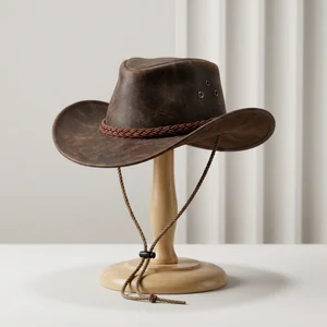 Rustic leather cowboy hat display
