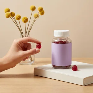 Gummy vitamins on wooden table