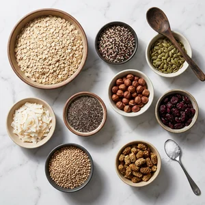 Healthy grains & seeds flat lay