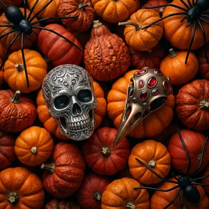 Gothic skulls on pumpkins flat-lay