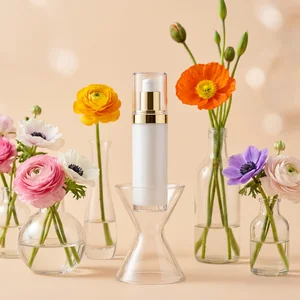 Skincare bottle with spring flowers