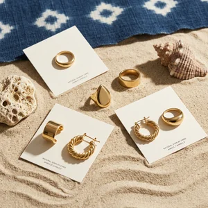 Gold jewelry on beach sand