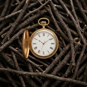 Luxury gold pocket watch on rustic branches