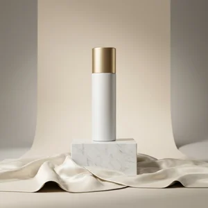 Elegant skincare on marble pedestal