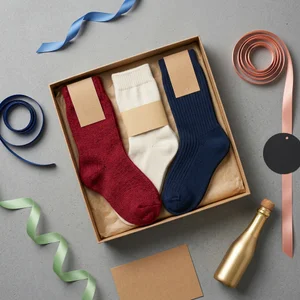 Festive sock gift box flat lay