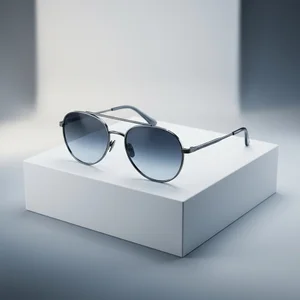 Modern round sunglasses on pedestal