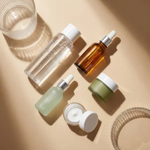 Warm skincare flat lay with glass