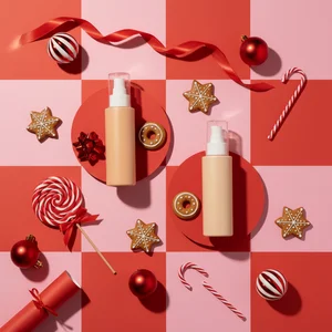 Playful festive beauty flat lay