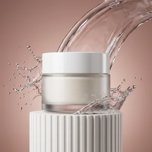 Hydrating skincare splash on pedestal