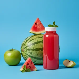 Fresh fruit juice on blue