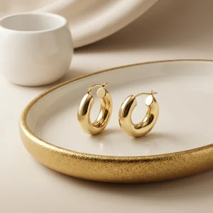 Gold hoop earrings on ceramic plate