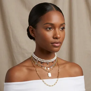 Layered necklaces on model