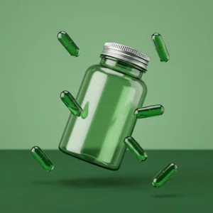 Floating green supplement bottle