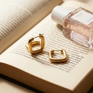 Gold earrings on open book