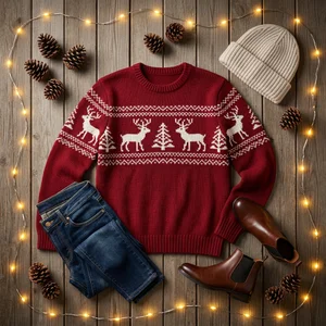 Festive winter outfit flat lay
