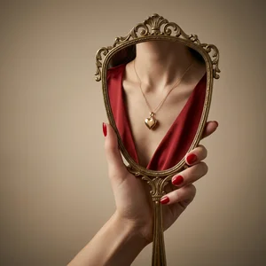 Vintage mirror reflecting heart locket