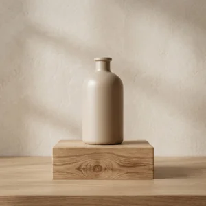 Minimalist bottle on wooden pedestal