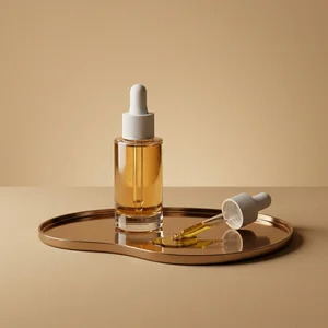 Golden serum on reflective tray