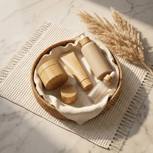 Natural skincare on rattan tray
