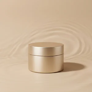 Gold cosmetic jar on beige