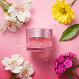 Fresh floral skincare flat lay