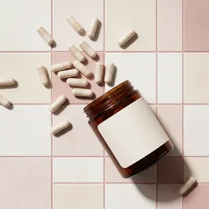 Modern supplement bottle on pink tile
