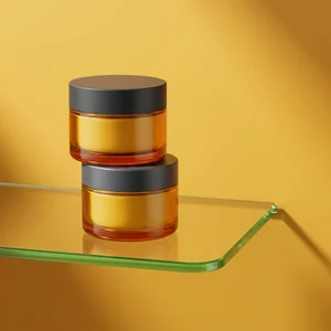 Stacked skincare on glass shelf