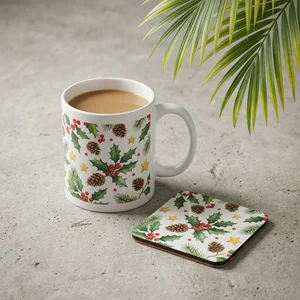 Festive holly mug and coaster set