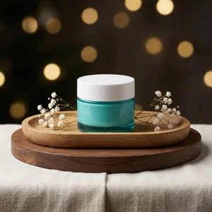 Warm bokeh skincare scene