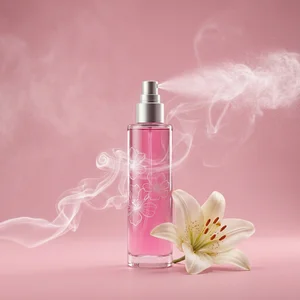 Floral perfume spray on pink