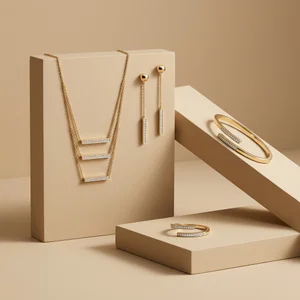 Elegant gold jewelry on beige