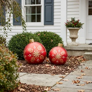 Giant red ornaments in garden setting