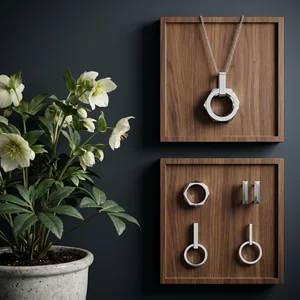 Modern jewelry on wooden displays