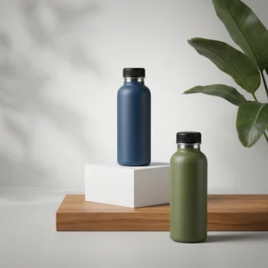Modern water bottles on wood