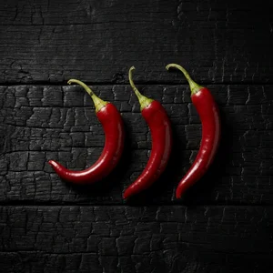 Red chilies on charred wood