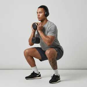 Squatting athlete with music