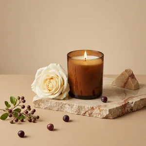Warm candle with rose and berries