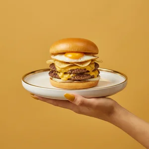Gourmet breakfast burger presentation