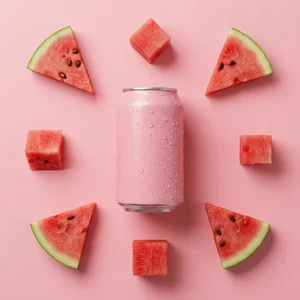 Fresh watermelon soda can flat lay