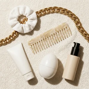 Modern beauty essentials on fabric